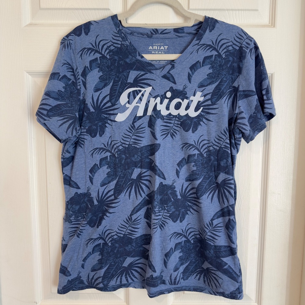 Ariat Real Womens Blue Tropical Floral Palm V-Neck Graphic T-Shirt Large